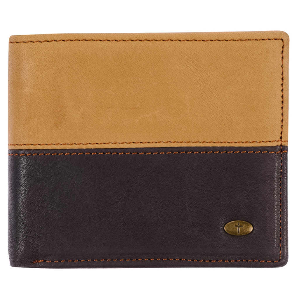 Two-Tone Black and Brown Genuine Leather Wallet with Cross Engraved Stud