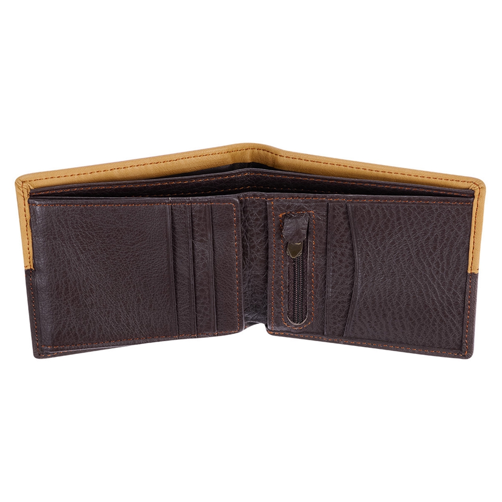 Two-Tone Black and Brown Genuine Leather Wallet with Cross Engraved Stud